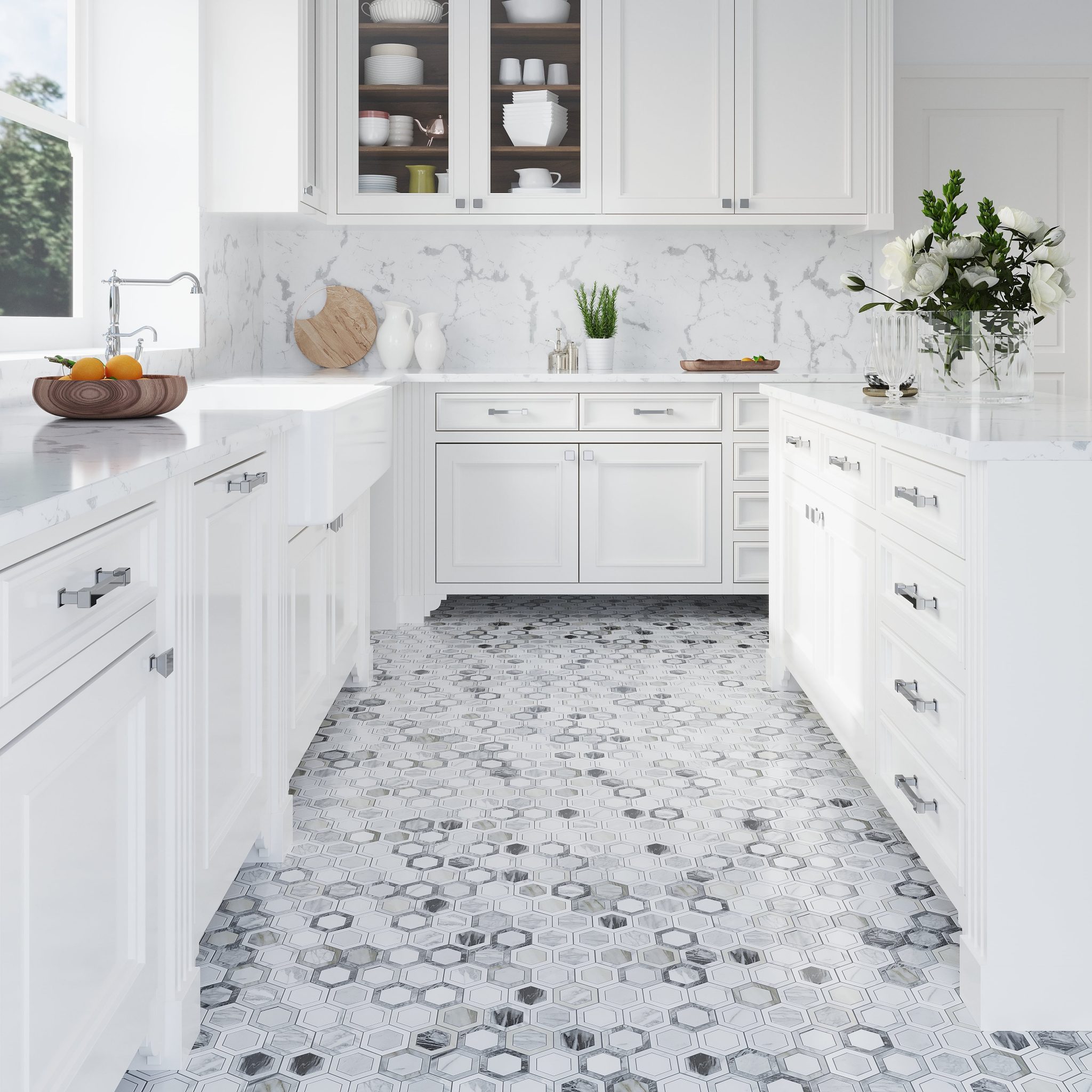salt and pepper tile design on floor